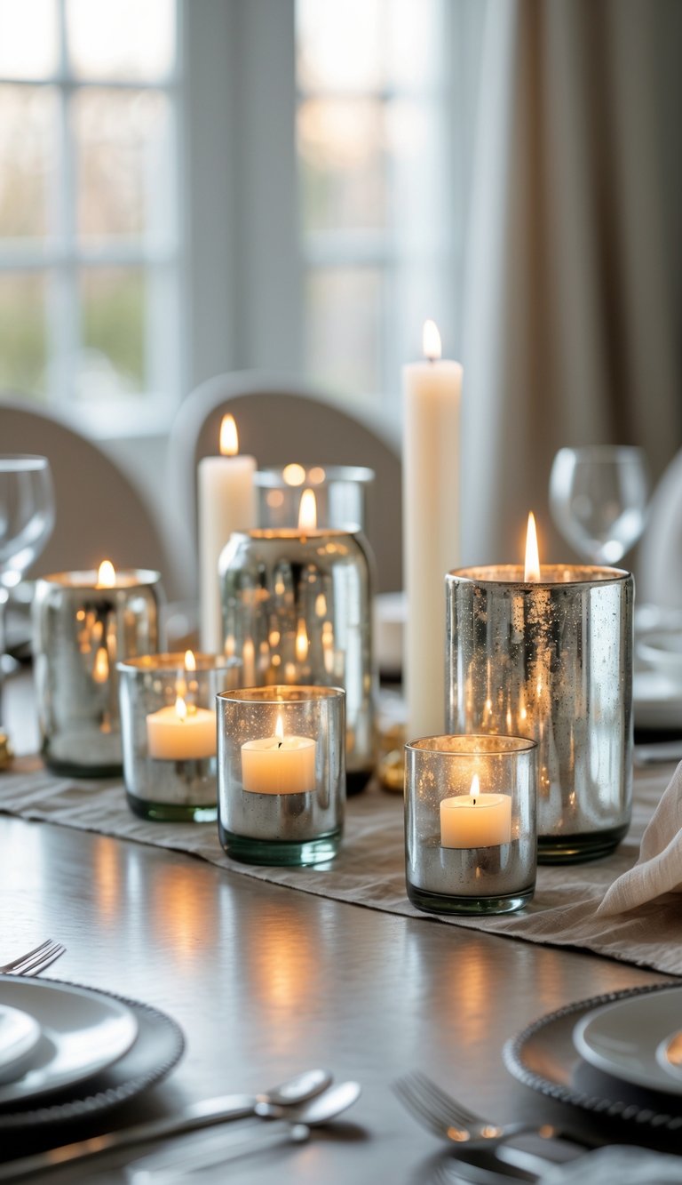 A cluster of mercury glass votive candle holders glowing softly on a dining table centerpiece.